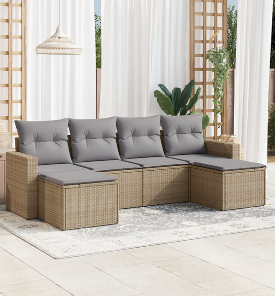 6-tlg. Garten-Sofagarnitur mit Kissen Beige Poly Rattan