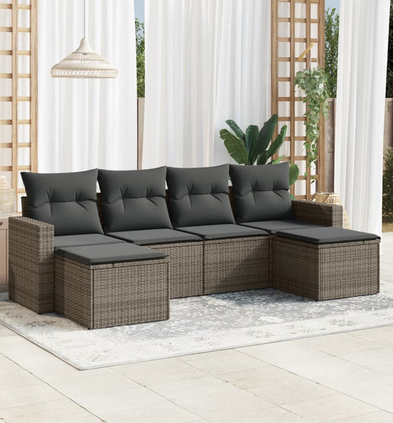6-tlg. Garten-Sofagarnitur mit Kissen Grau Poly Rattan