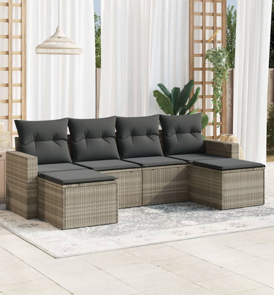 6-tlg. Garten-Sofagarnitur mit Kissen Hellgrau Poly Rattan