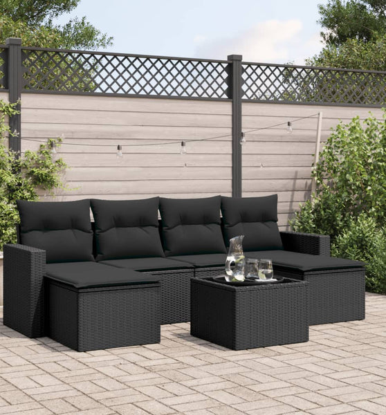 7-tlg. Garten-Sofagarnitur mit Kissen Schwarz Poly Rattan