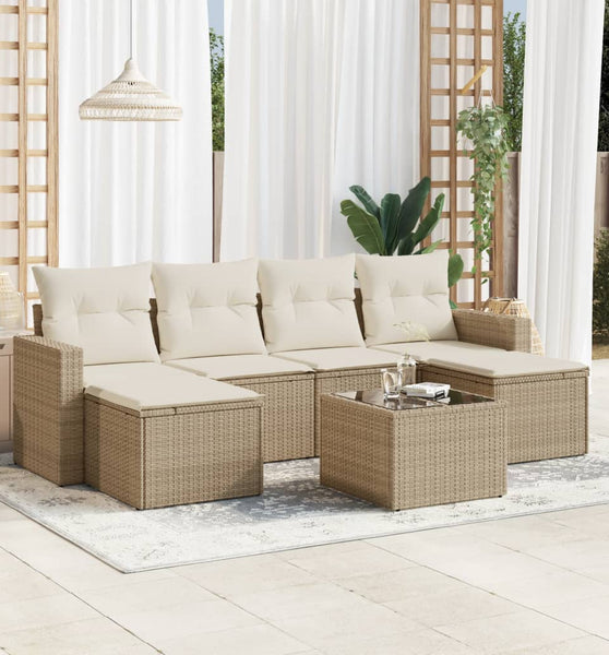 7-tlg. Garten-Sofagarnitur mit Kissen Beige Poly Rattan