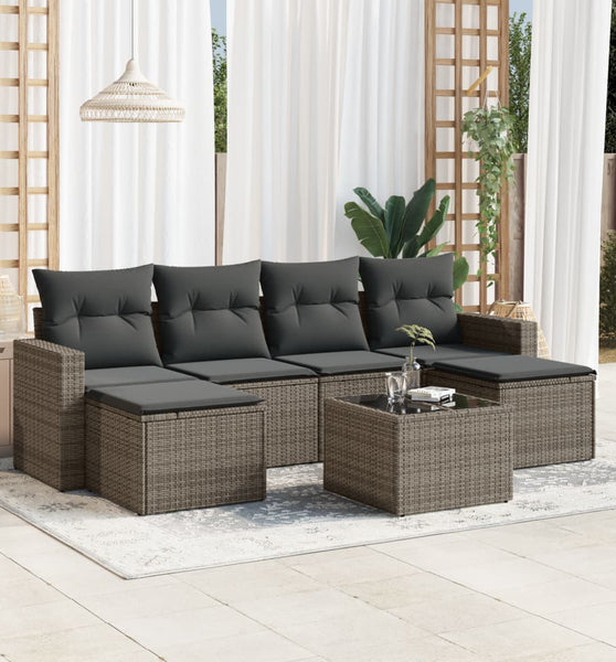 7-tlg. Garten-Sofagarnitur mit Kissen Grau Poly Rattan