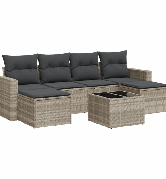 7-tlg. Garten-Sofagarnitur mit Kissen Hellgrau Poly Rattan