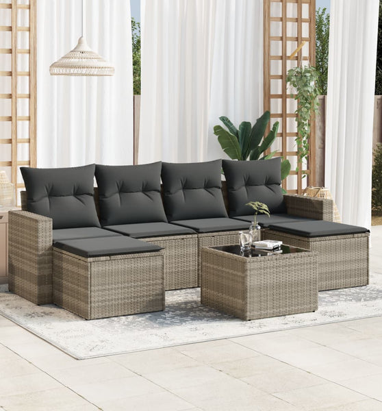 7-tlg. Garten-Sofagarnitur mit Kissen Hellgrau Poly Rattan