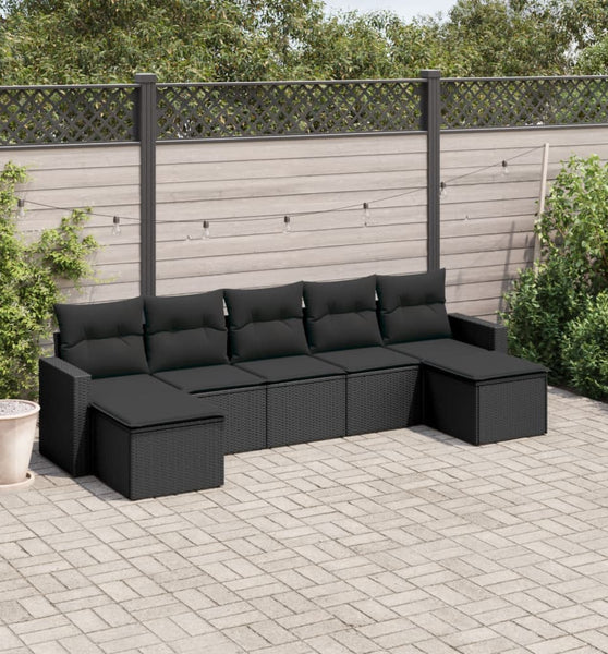 7-tlg. Garten-Sofagarnitur mit Kissen Schwarz Poly Rattan