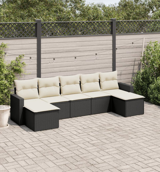 7-tlg. Garten-Sofagarnitur mit Kissen Schwarz Poly Rattan