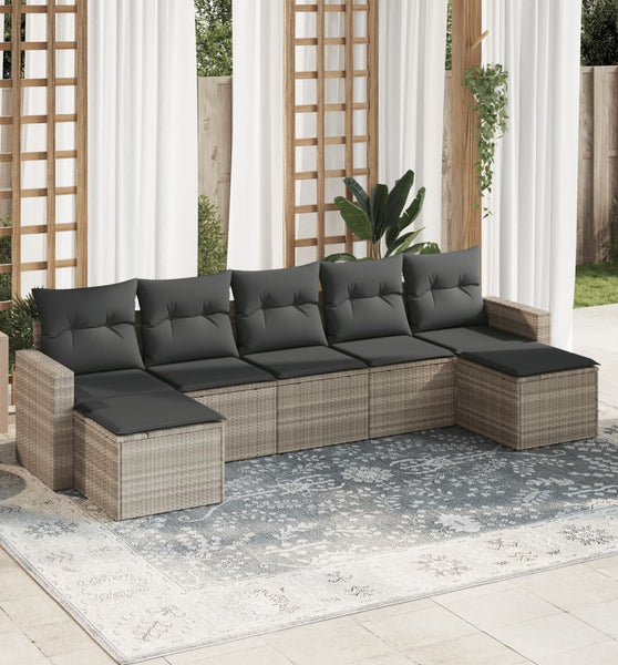 7-tlg. Garten-Sofagarnitur mit Kissen Hellgrau Poly Rattan
