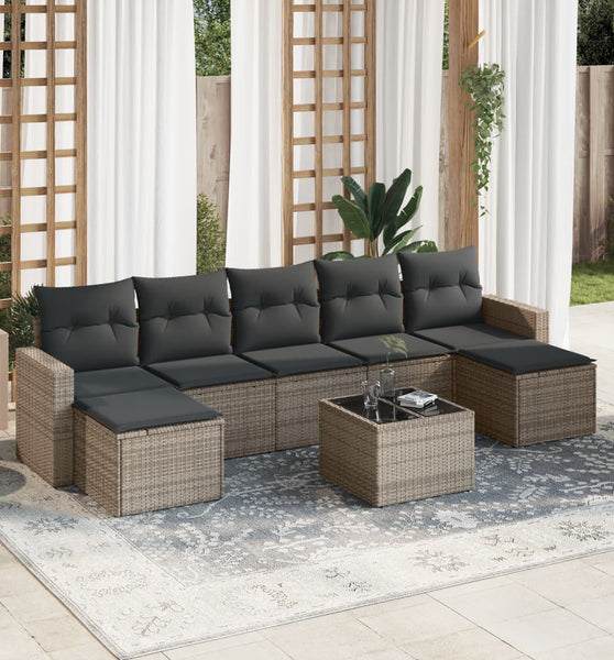 8-tlg. Garten-Sofagarnitur mit Kissen Grau Poly Rattan