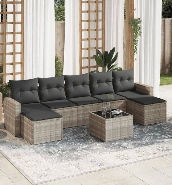 8-tlg. Garten-Sofagarnitur mit Kissen Hellgrau Poly Rattan