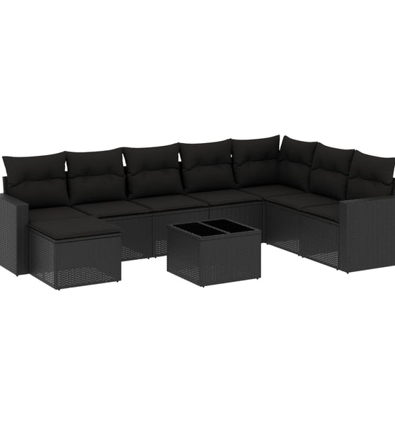 9-tlg. Garten-Sofagarnitur mit Kissen Schwarz Poly Rattan