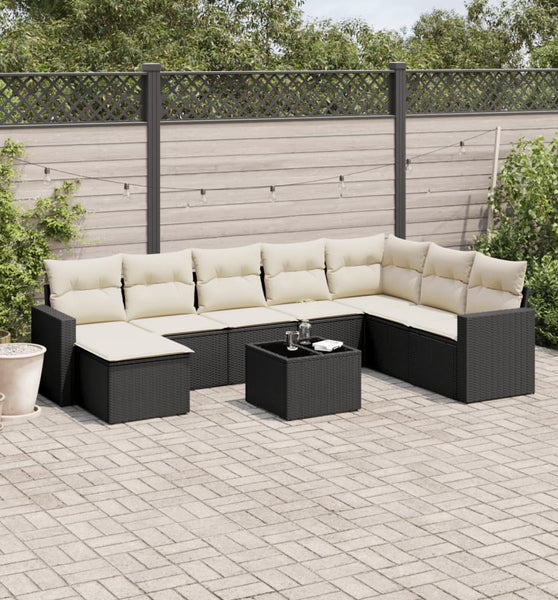 9-tlg. Garten-Sofagarnitur mit Kissen Schwarz Poly Rattan