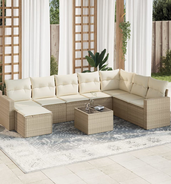 9-tlg. Garten-Sofagarnitur mit Kissen Beige Poly Rattan