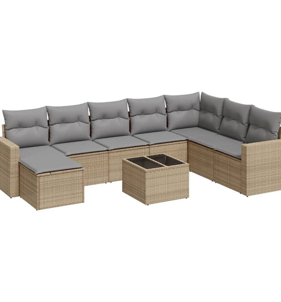 9-tlg. Garten-Sofagarnitur mit Kissen Beige Poly Rattan