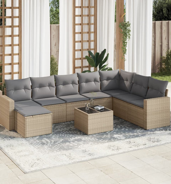 9-tlg. Garten-Sofagarnitur mit Kissen Beige Poly Rattan