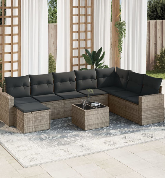 9-tlg. Garten-Sofagarnitur mit Kissen Grau Poly Rattan