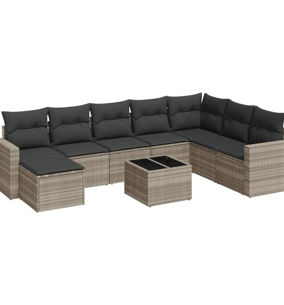 9-tlg. Garten-Sofagarnitur mit Kissen Hellgrau Poly Rattan