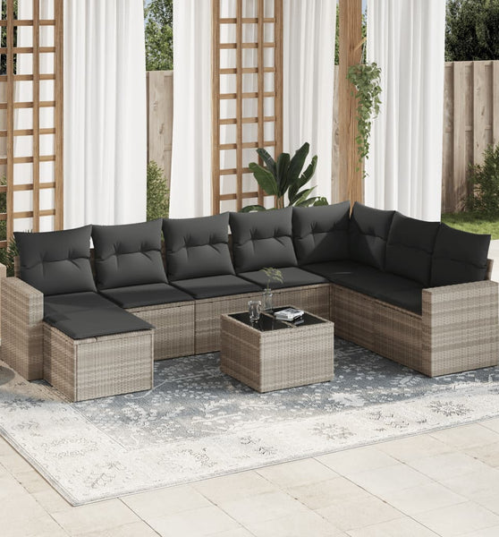 9-tlg. Garten-Sofagarnitur mit Kissen Hellgrau Poly Rattan