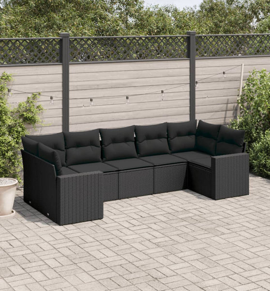 7-tlg. Garten-Sofagarnitur mit Kissen Schwarz Poly Rattan