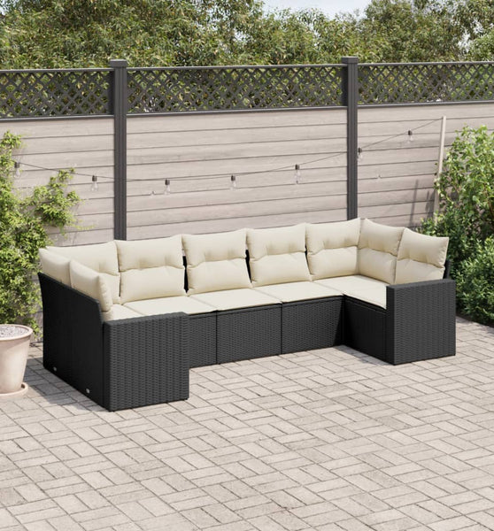 7-tlg. Garten-Sofagarnitur mit Kissen Schwarz Poly Rattan