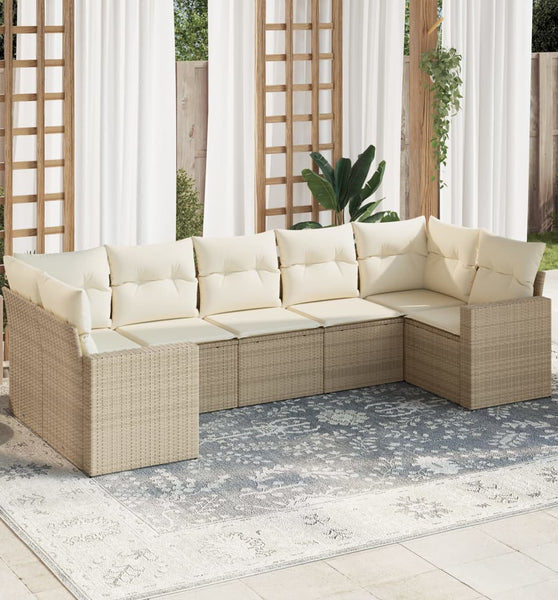 7-tlg. Garten-Sofagarnitur mit Kissen Beige Poly Rattan