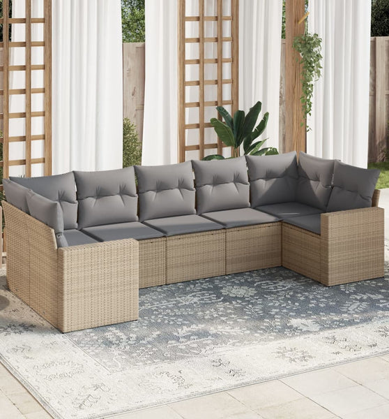 7-tlg. Garten-Sofagarnitur mit Kissen Beige Poly Rattan