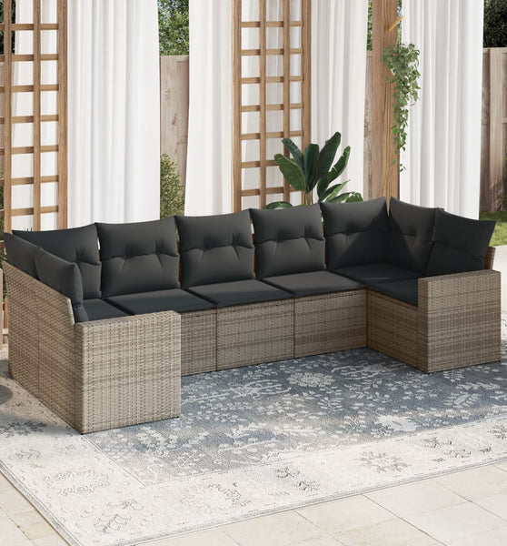 7-tlg. Garten-Sofagarnitur mit Kissen Grau Poly Rattan