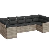 7-tlg. Garten-Sofagarnitur mit Kissen Hellgrau Poly Rattan