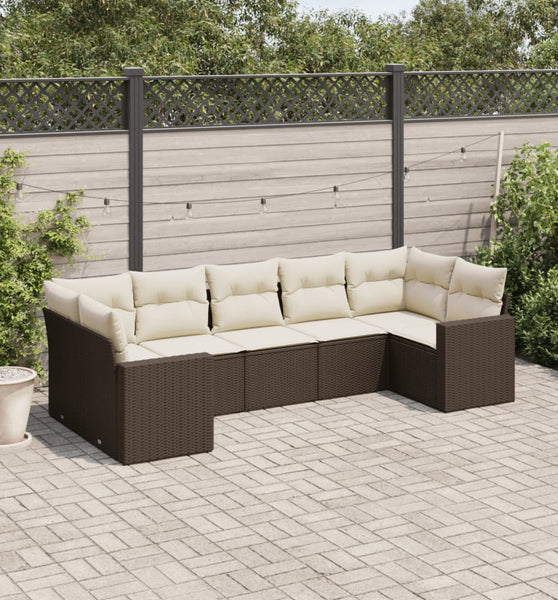 7-tlg. Garten-Sofagarnitur mit Kissen Braun Poly Rattan