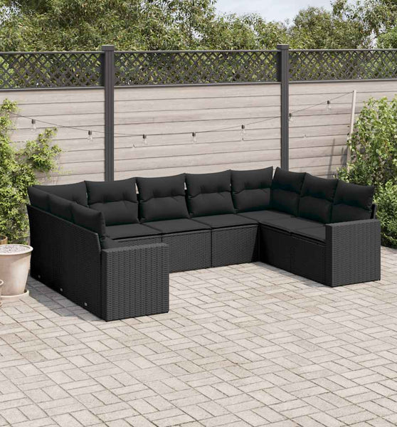 9-tlg. Garten-Sofagarnitur mit Kissen Schwarz Poly Rattan