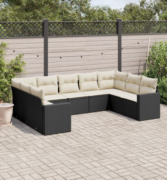 9-tlg. Garten-Sofagarnitur mit Kissen Schwarz Poly Rattan