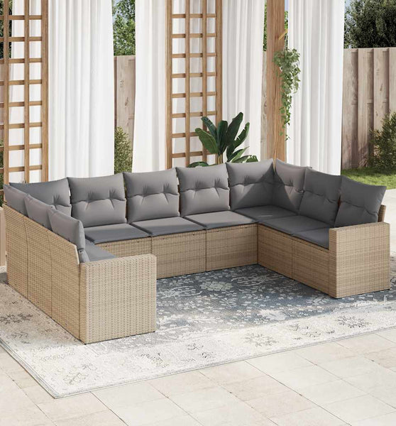 9-tlg. Garten-Sofagarnitur mit Kissen Beige Poly Rattan