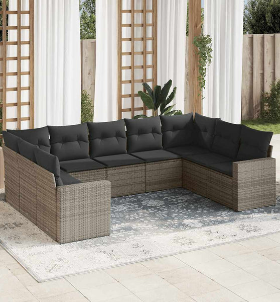 9-tlg. Garten-Sofagarnitur mit Kissen Grau Poly Rattan