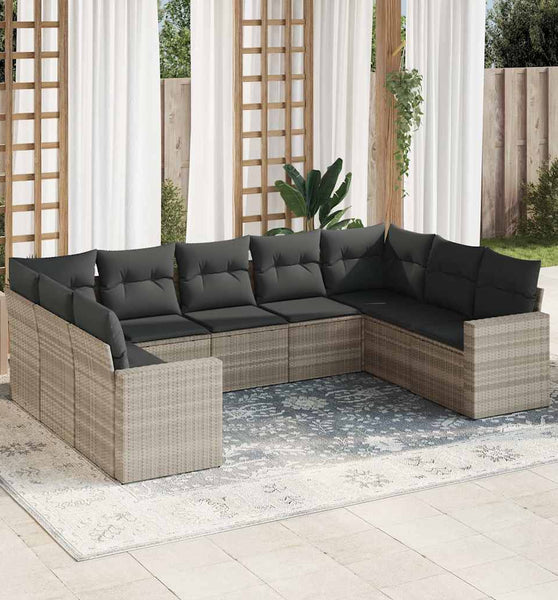 9-tlg. Garten-Sofagarnitur mit Kissen Hellgrau Poly Rattan