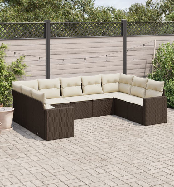 9-tlg. Garten-Sofagarnitur mit Kissen Braun Poly Rattan