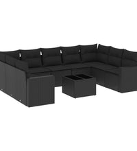 10-tlg. Garten-Sofagarnitur mit Kissen Schwarz Poly Rattan