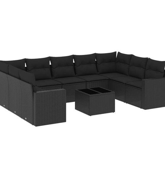 10-tlg. Garten-Sofagarnitur mit Kissen Schwarz Poly Rattan