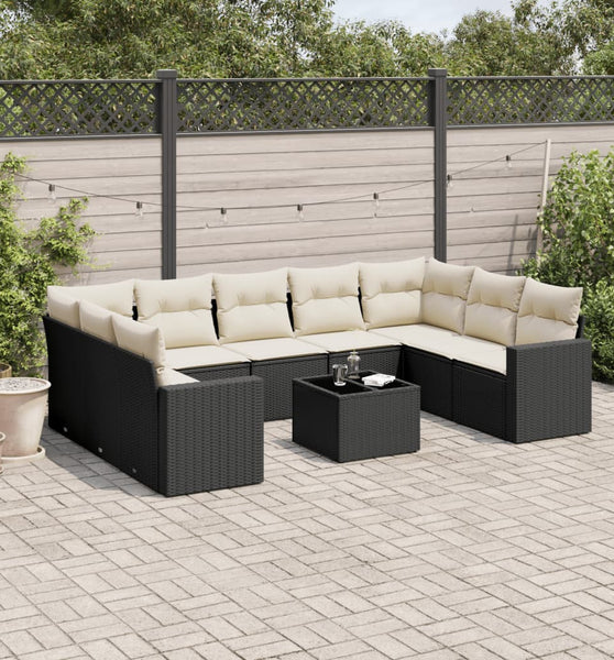 10-tlg. Garten-Sofagarnitur mit Kissen Schwarz Poly Rattan