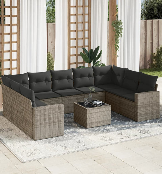 10-tlg. Garten-Sofagarnitur mit Kissen Grau Poly Rattan