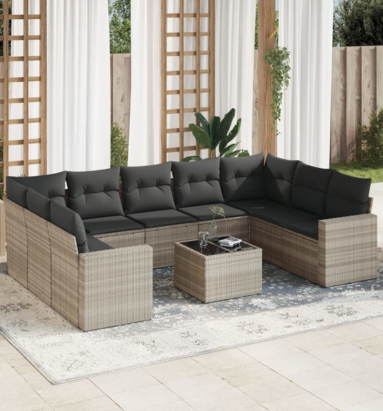 10-tlg. Garten-Sofagarnitur mit Kissen Hellgrau Poly Rattan