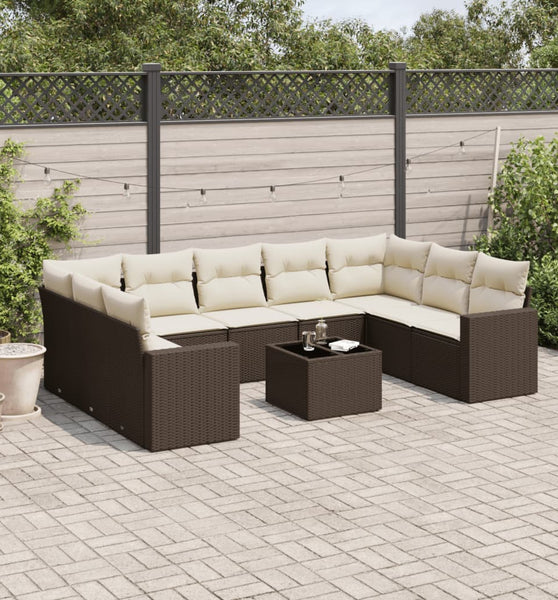 10-tlg. Garten-Sofagarnitur mit Kissen Braun Poly Rattan