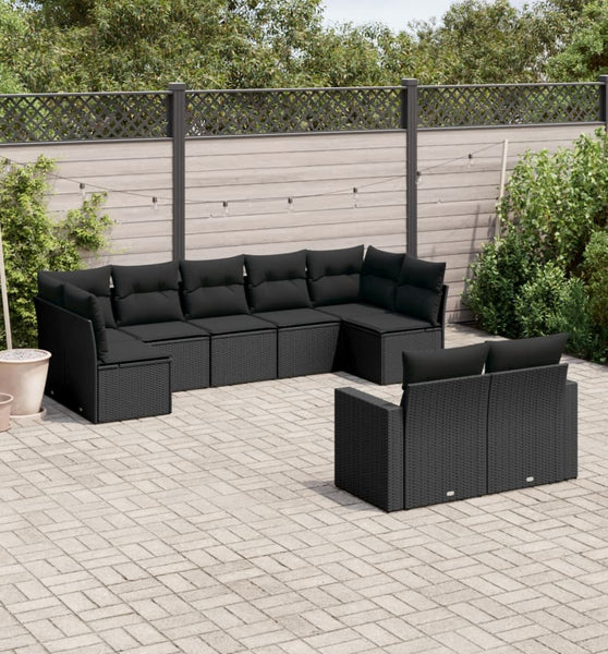 9-tlg. Garten-Sofagarnitur mit Kissen Schwarz Poly Rattan