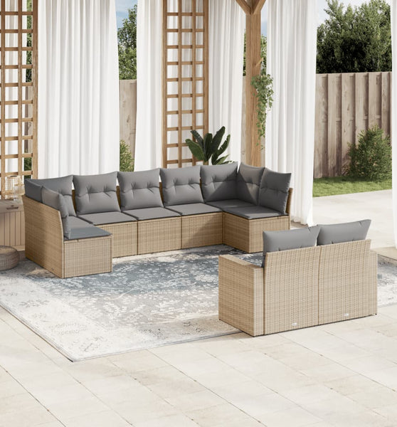 9-tlg. Garten-Sofagarnitur mit Kissen Beige Poly Rattan