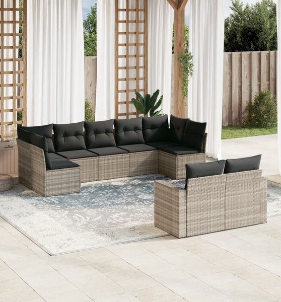 9-tlg. Garten-Sofagarnitur mit Kissen Hellgrau Poly Rattan