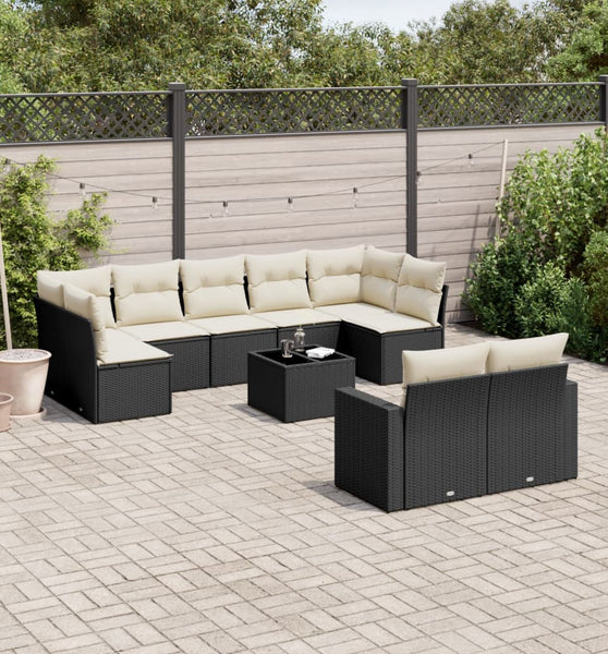 10-tlg. Garten-Sofagarnitur mit Kissen Schwarz Poly Rattan