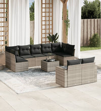 10-tlg. Garten-Sofagarnitur mit Kissen Hellgrau Poly Rattan