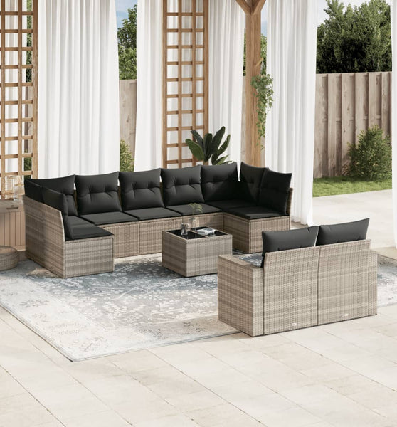 10-tlg. Garten-Sofagarnitur mit Kissen Hellgrau Poly Rattan