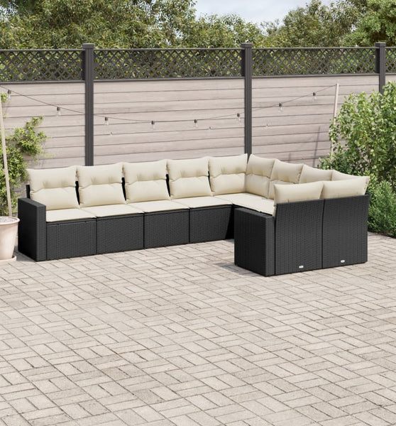 9-tlg. Garten-Sofagarnitur mit Kissen Schwarz Poly Rattan