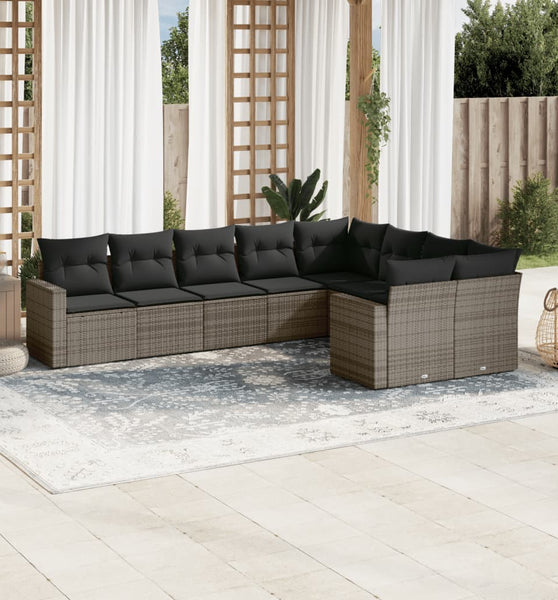 9-tlg. Garten-Sofagarnitur mit Kissen Grau Poly Rattan