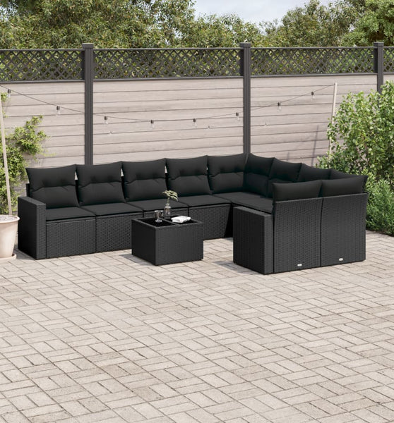 10-tlg. Garten-Sofagarnitur mit Kissen Schwarz Poly Rattan