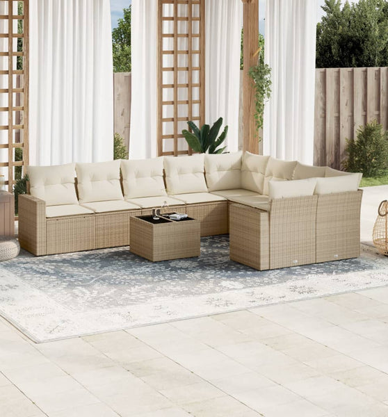 10-tlg. Garten-Sofagarnitur mit Kissen Beige Poly Rattan